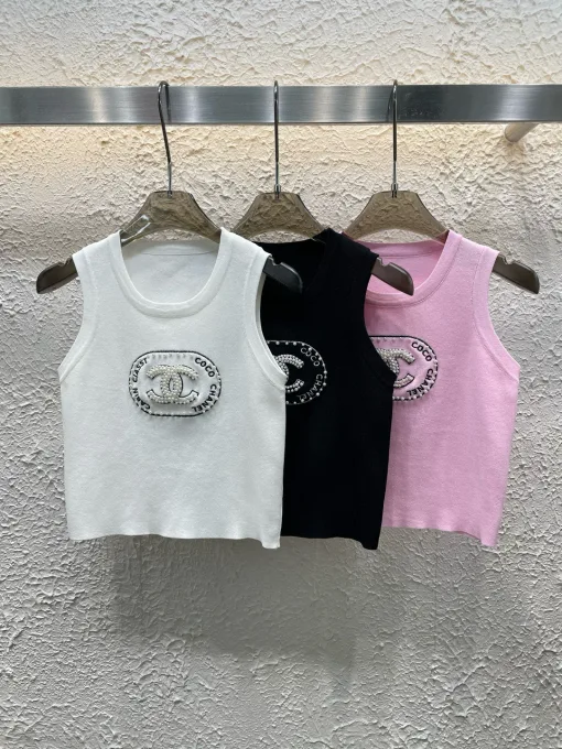 Luxus Chanel Weste Weiß Strick Bestickt Stil