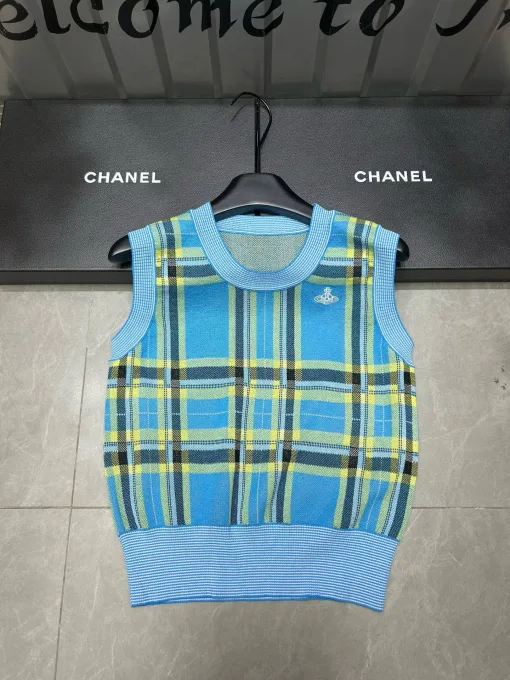 Hochwertige Weste von Vivienne Westwood, blaue Strick-Kollektion mit Stickerei