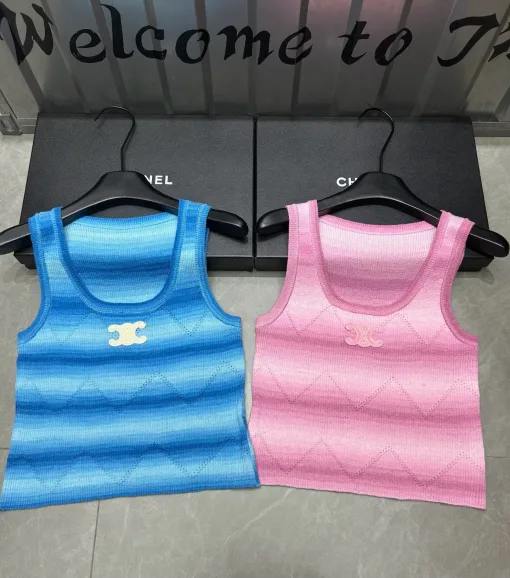 Hochwertige Celine Weste, Blau, Strick, Bestickte Kollektion