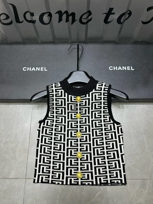 Luxus Balmain Weste Gold Strick Jacquard Luxus