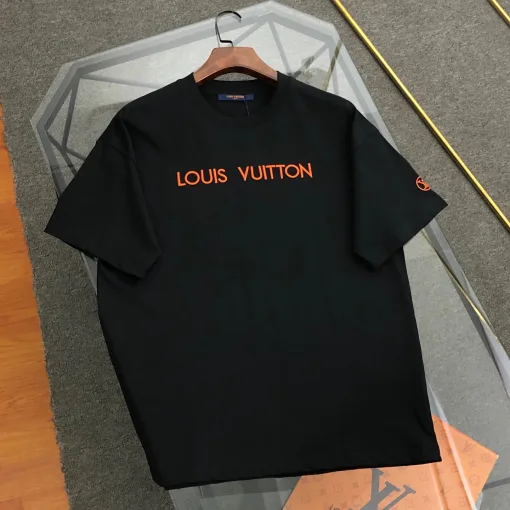 Luxus Louis Vuitton Kurzarm Schwarz Baumwolle Bestickt Luxus