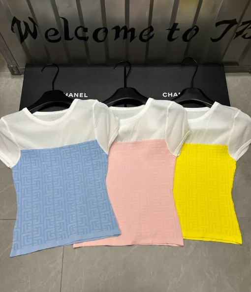 Premium Balmain Kurzarm Blau Strick Monogramm Kollektion