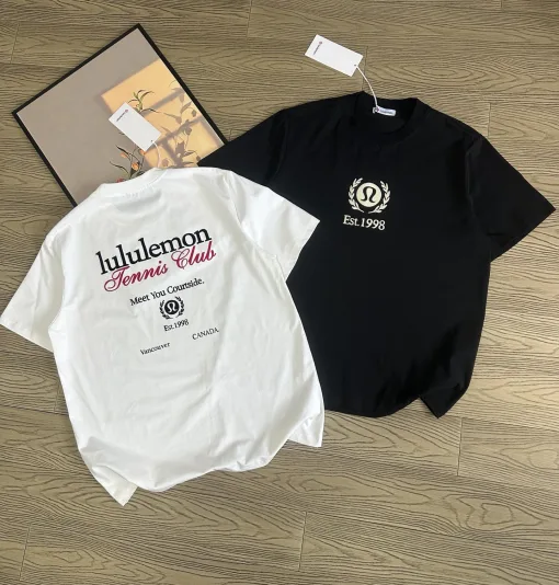 Luxus Lululemon Kurzarm Schwarz Baumwolle Monogramm Luxus