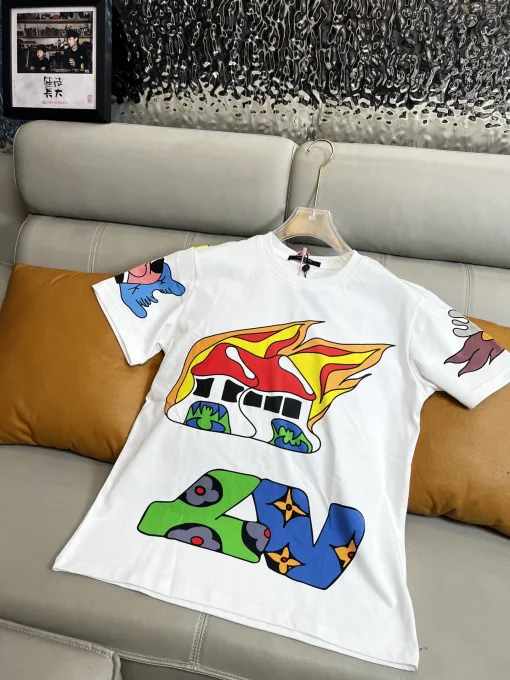 Luxus Louis Vuitton Kurzarm Weiß Seide Grafik Stil