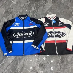 Hochwertige Adidas Jacken Schwarz Leder Stickerei Luxus