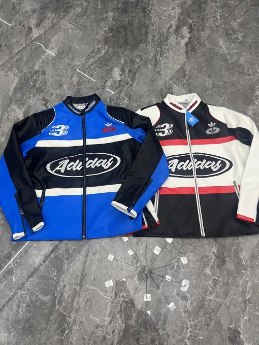 Hochwertige Adidas Jacken Schwarz Leder Stickerei Luxus