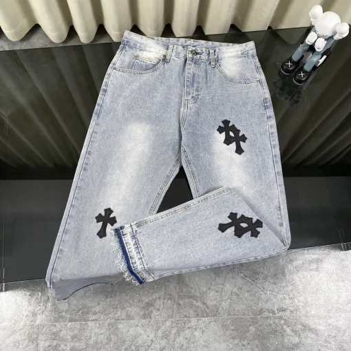 Premium Chrome Hearts Jeans Schwarzes Leder Patchwork Kollektion