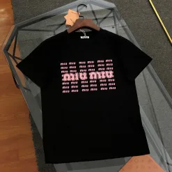 Luxus Miu Miu Kurzarm Schwarz Baumwolle Bestickt Luxus