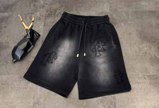 Hochwertige Chrome Hearts Shorts aus schwarzer Rindsleder-Stickerei-Kollektion