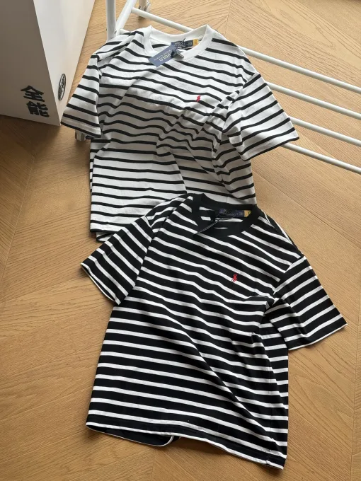 Hochwertiges Ralph Lauren Kurzarm-T-Shirt aus schwarzer Baumwolle mit Streifen
