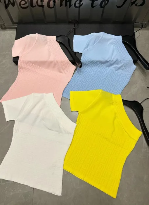 Balmain Premium Qualität Kurzarm Rosa Strick Monogramm Stil