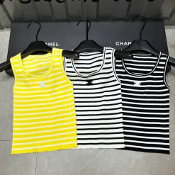 Premium Chanel Weste Gelb Strick Gestreift Stil