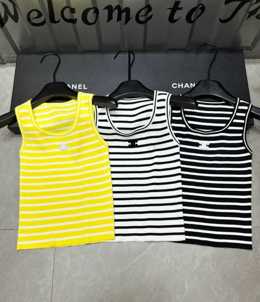 Premium Chanel Weste Gelb Strick Gestreift Stil