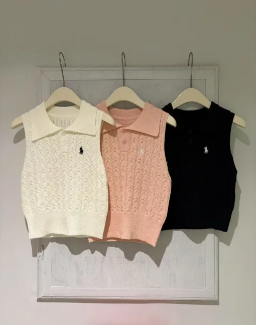 Premium Ralph Lauren Weste, weiße Strickweste, bestickte Kollektion