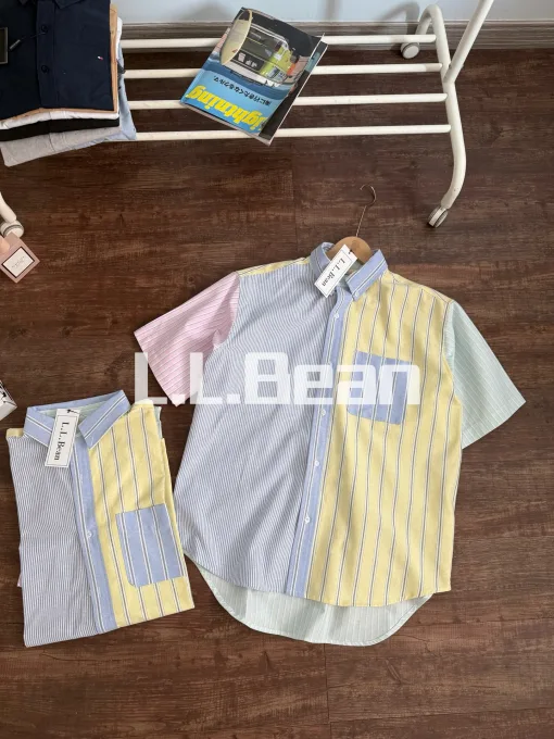 Hochwertiges L.L.Bean Kurzarmhemd Blau Leder Bestickt Luxus