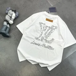 Hochwertige Louis Vuitton Kurzarm Schwarz Baumwolle Stickerei Luxus