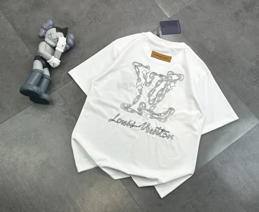 Hochwertige Louis Vuitton Kurzarm Schwarz Baumwolle Stickerei Luxus