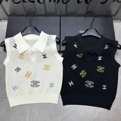 Luxus Chanel Weste Schwarz Strick Bestickt Luxus