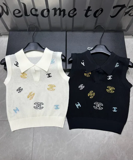 Luxus Chanel Weste Schwarz Strick Bestickt Luxus
