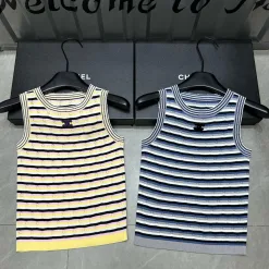 Luxus Chanel Weste Gelb Strick Gestreift Kollektion
