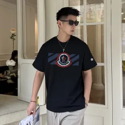 Luxus Moncler Kurzarm Schwarz Baumwolle Bestickt Stil