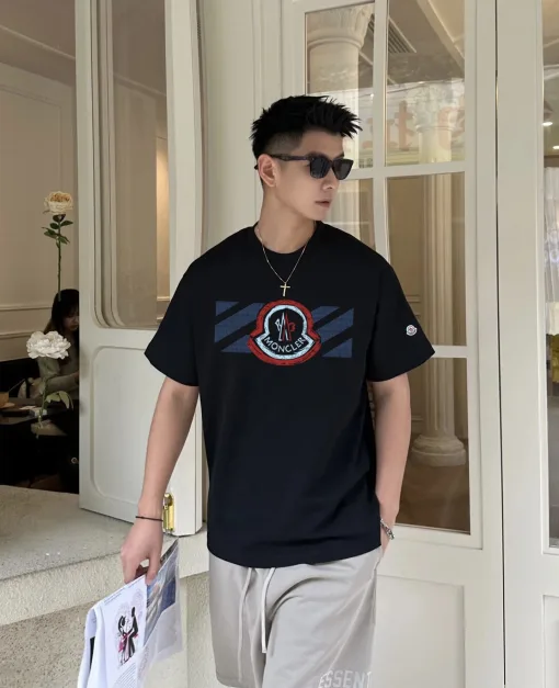Luxus Moncler Kurzarm Schwarz Baumwolle Bestickt Stil