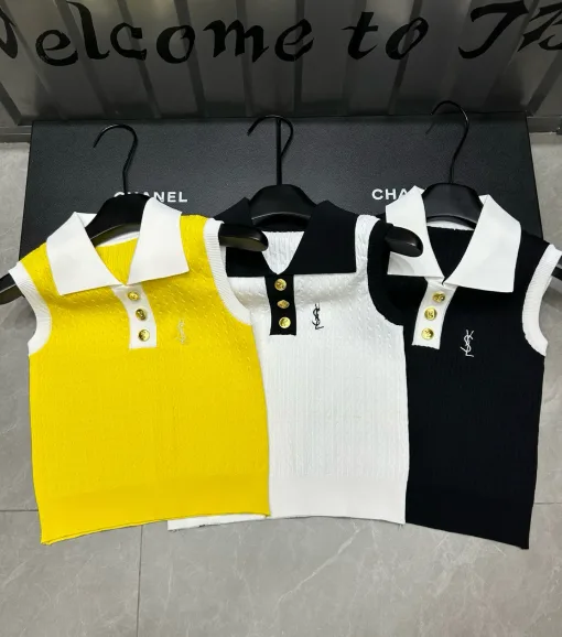 Luxus Yves Saint Laurent Weste Gold Strick Monogramm Stil
