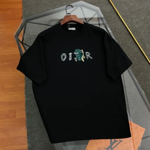 Premium Dior Kurzarm-Kollektion aus schwarzer Baumwolle mit Stickerei