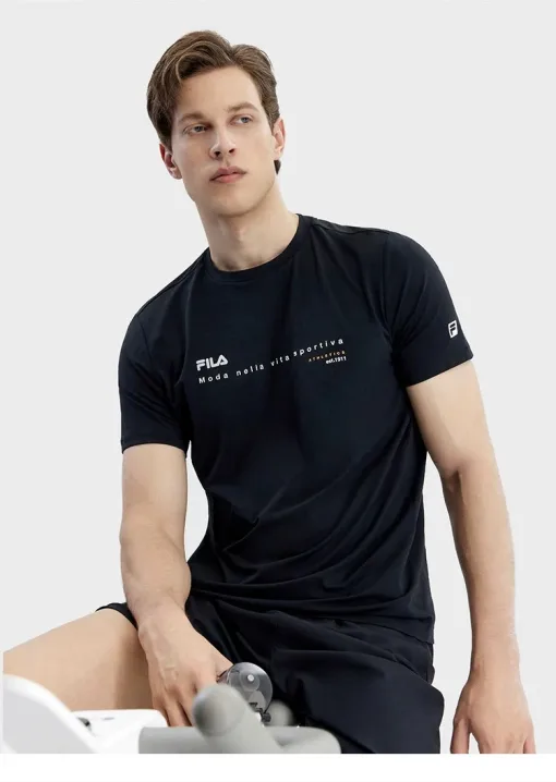 Hochwertiger Fila Kurzarm-Lässiger Stil aus schwarzer Baumwolle