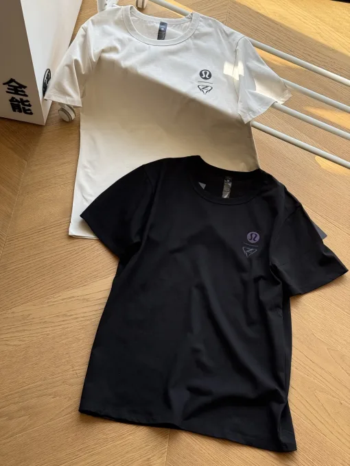 Luxus Lululemon Kurzarm Schwarz Baumwolle Logo Luxus