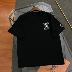 Premium Louis Vuitton Kurzarm Schwarz Baumwolle Bestickt Luxus