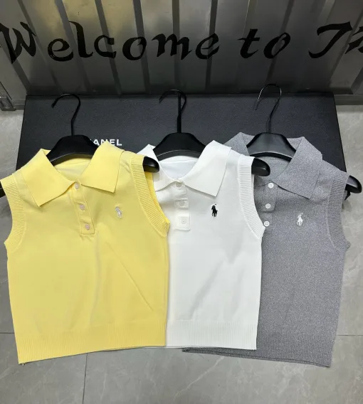 Luxus-Weste von Ralph Lauren im gelben Strick-Stil mit Stickerei