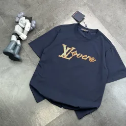 Premium Louis Vuitton Kurzarm Schwarz Baumwolle Bestickt Luxus
