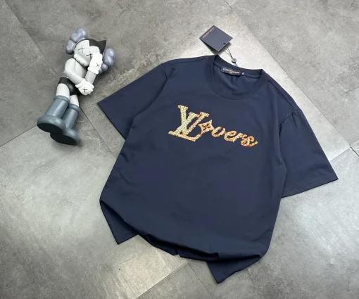 Premium Louis Vuitton Kurzarm Schwarz Baumwolle Bestickt Luxus