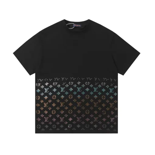 Premium Qualität Louis Vuitton Kurzarm Schwarz Wildleder Strass Luxus
