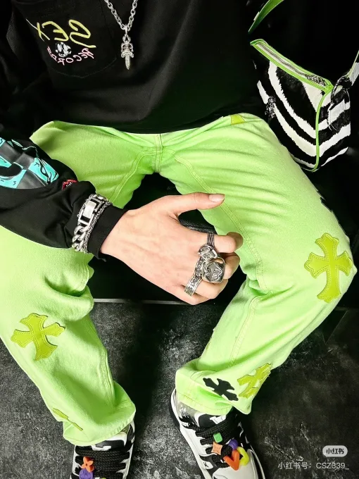 Premium Qualität Chrome Hearts Jeans Grünes Rindsleder Vintage Kollektion