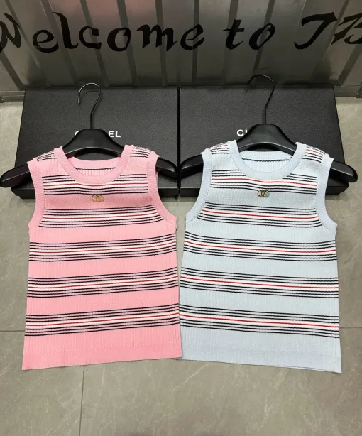 Hochwertige Chanel Weste Pink Knit Striped Kollektion