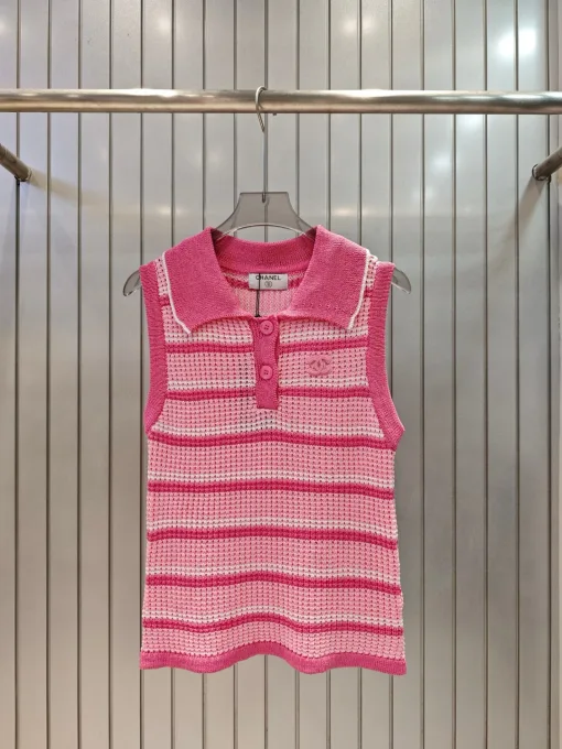 Luxus Chanel Weste Pink Strick Gestreift Stil