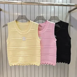 Meistverkaufte Chanel Weste Gelb Strick Bestickt Stil