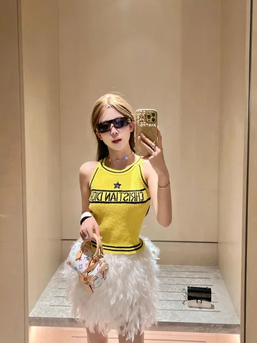 Premium Dior Weste im gelben Strickstil mit Stickerei