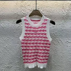 Hochwertige Chanel Weste Pink Strick Gestreift Stil