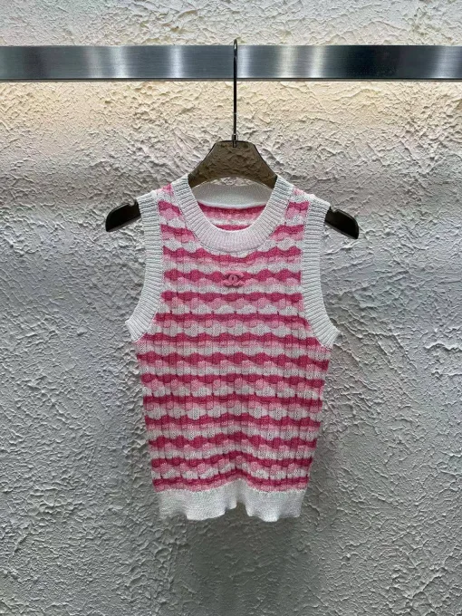Hochwertige Chanel Weste Pink Strick Gestreift Stil