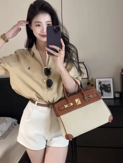 Premium Ralph Lauren Hemd Khaki Leinen Bestickter Stil