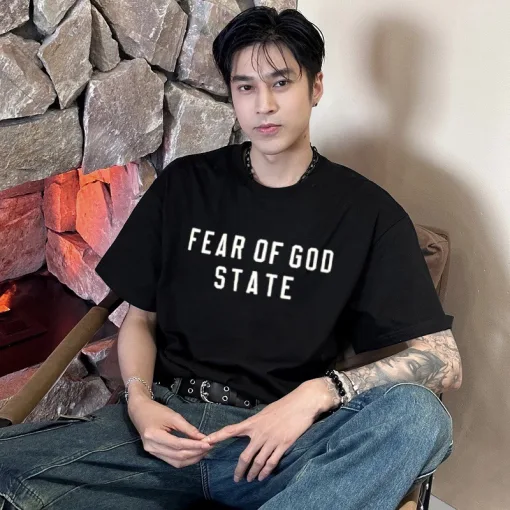 Luxus Fear Of God Kurzarm-Kollektion aus schwarzer Baumwolle mit Print