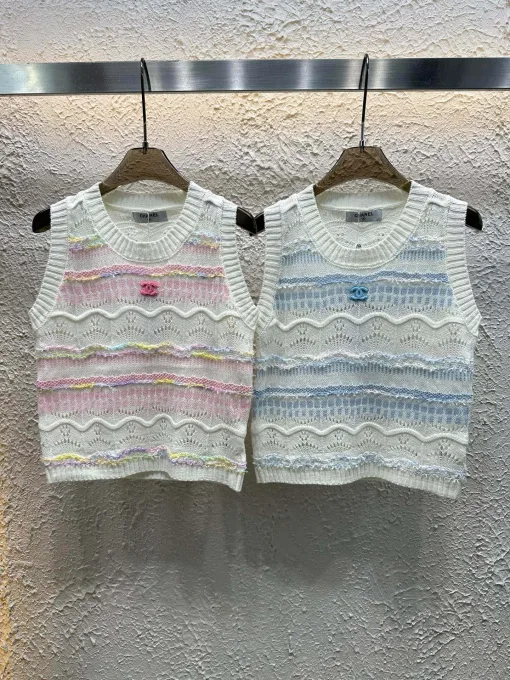 Hochwertige Chanel Weste Pink Strick Gestreift Luxus