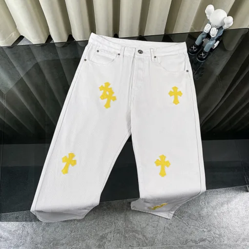 Premium Chrome Hearts Jeans Weißes Leder Washed Style