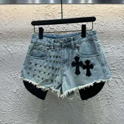 Luxus Chrome Hearts Shorts Blaues Leder Gewaschen Luxus