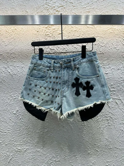 Luxus Chrome Hearts Shorts Blaues Leder Gewaschen Luxus
