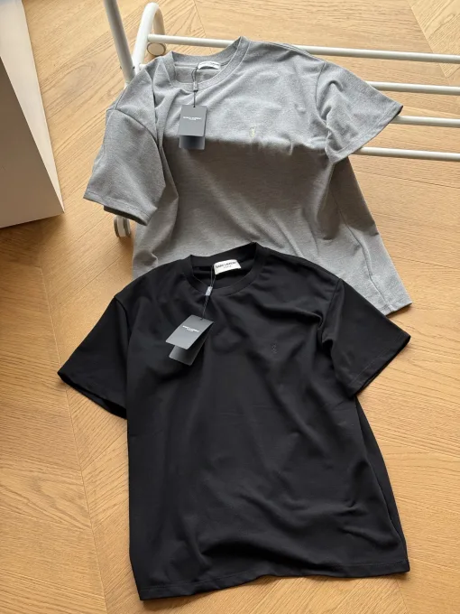 Meistverkaufte Saint Laurent Kurzarm Schwarz Baumwolle Logo Luxus