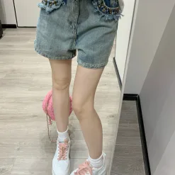 Luxus Chanel Shorts Blue Denim Stickerei Luxus